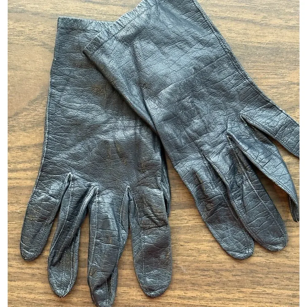Vtg Black Leather Driving Gloves Womens 7 Button